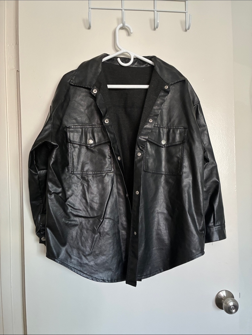 Black Faux Leather Overshirt Jacket - Men